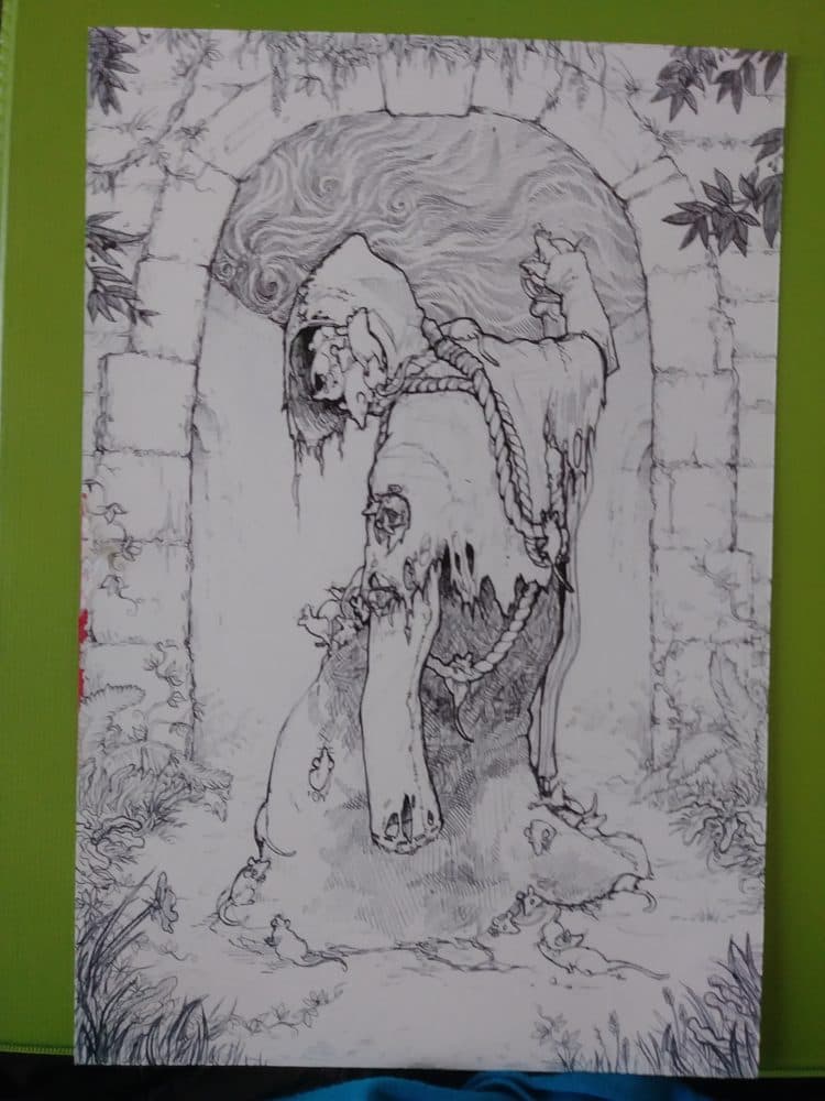 Pen drawing of a figure standing under a stone archway
