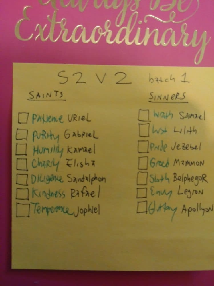 Handwritten note listing the first batch of Saints and Sinners, each paired with a virtue or a sin