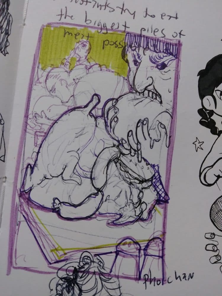 Sketchbook page of character drawings surrounded by handwritten notes